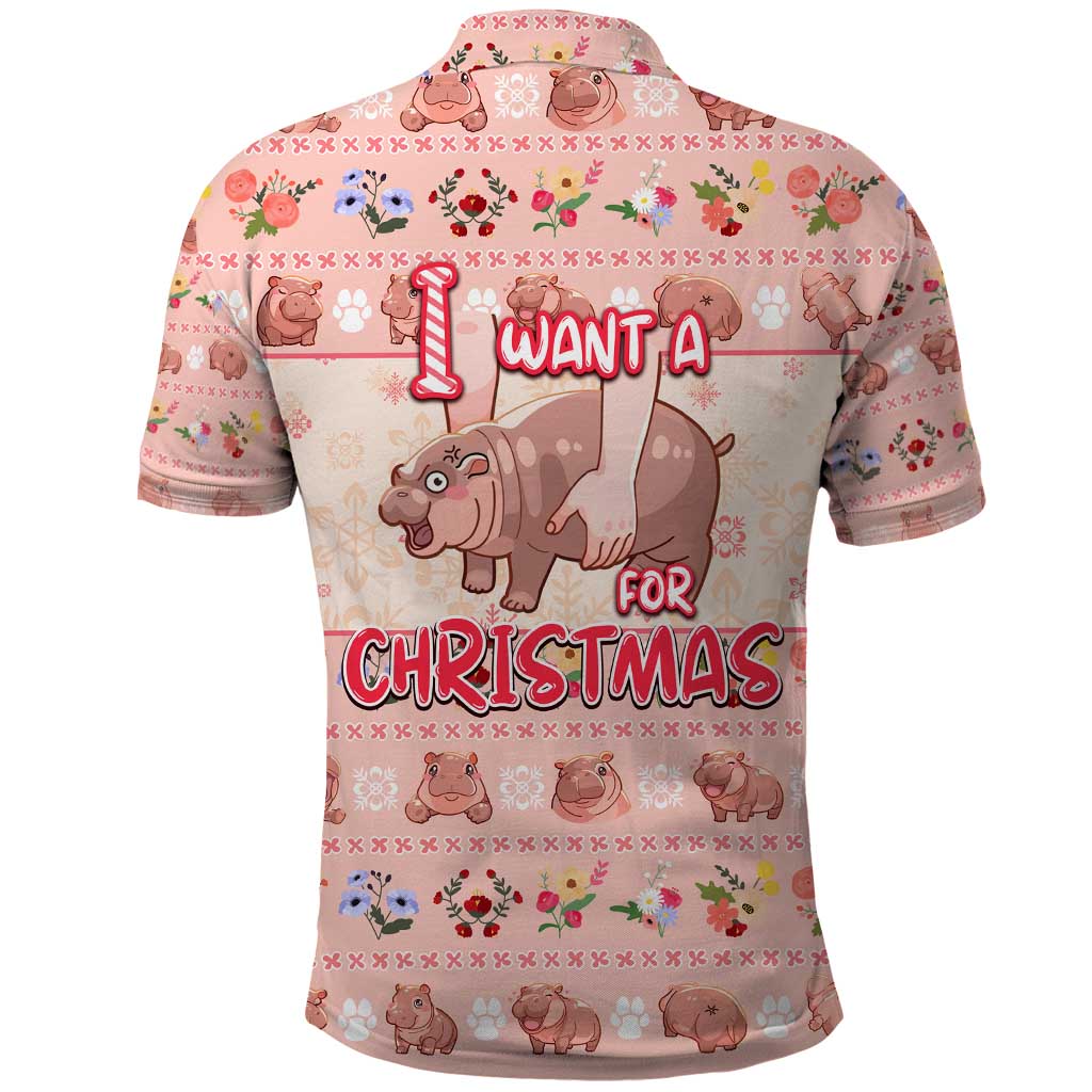 Moodeng Christmas Polo Shirt Cute Hippo Holiday with Pastel Floral Festive Vibes DT02
