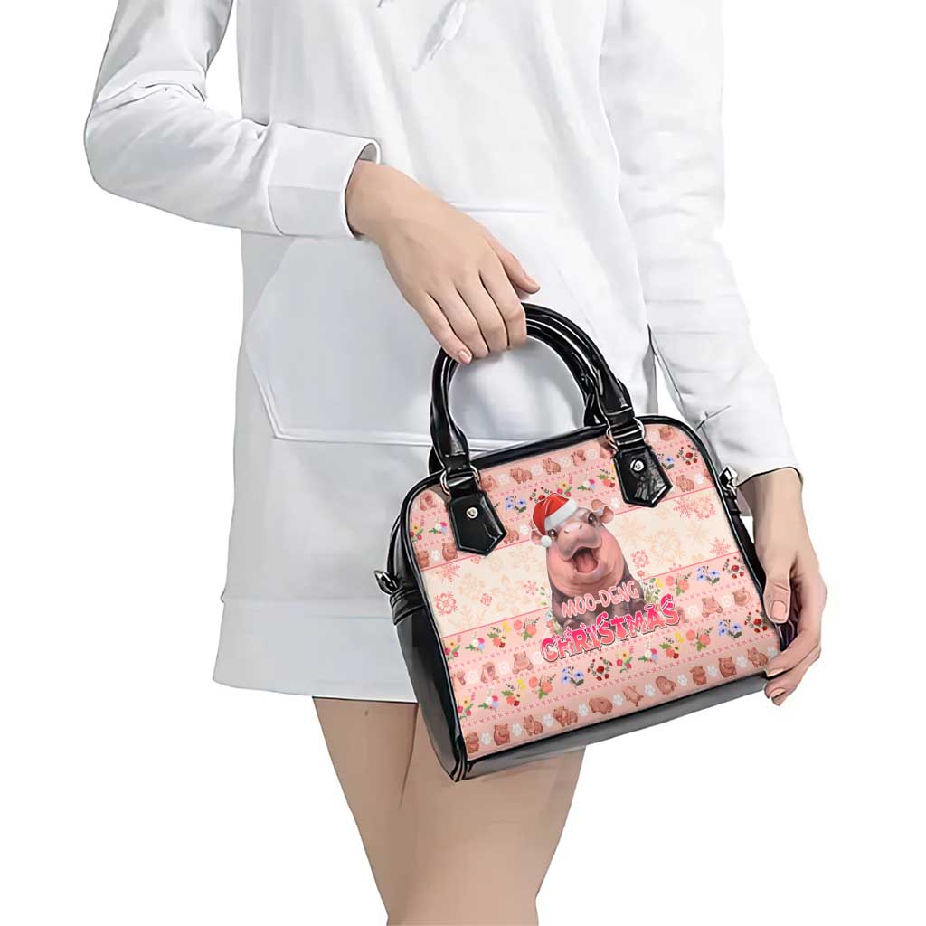 Moodeng Christmas Shoulder Handbag Cute Hippo Holiday with Pastel Floral Festive Vibes DT02