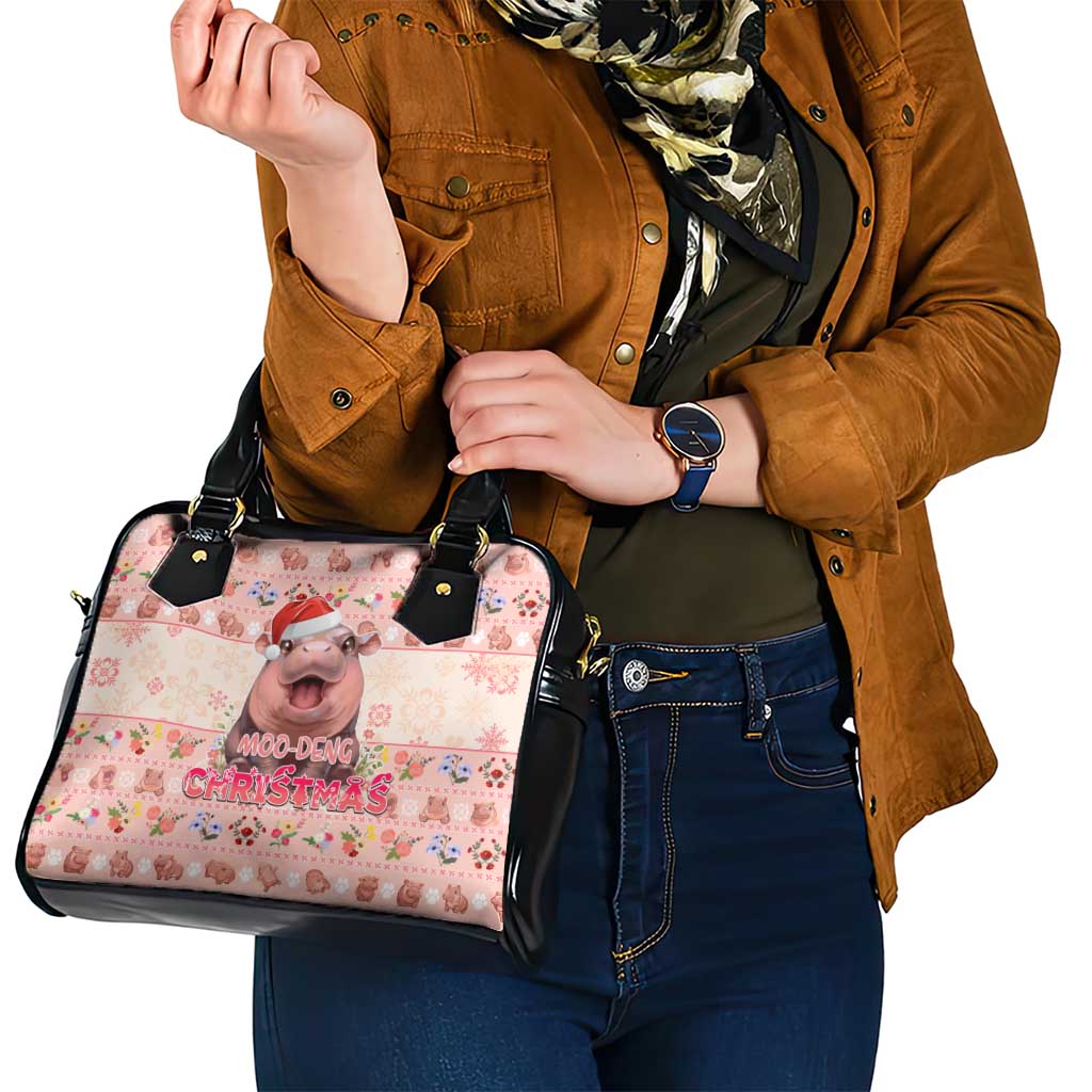 Moodeng Christmas Shoulder Handbag Cute Hippo Holiday with Pastel Floral Festive Vibes DT02