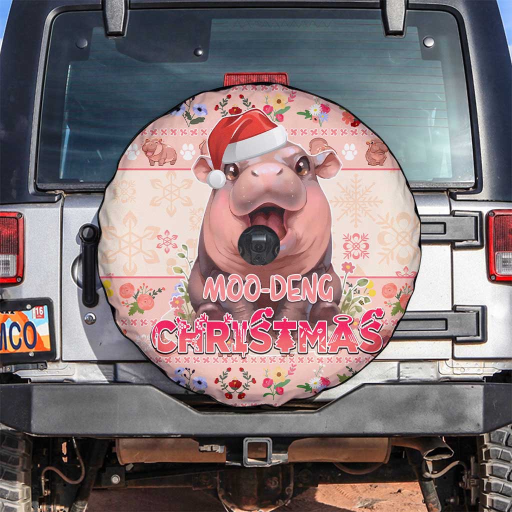 Moodeng Christmas Spare Tire Cover Cute Hippo Holiday with Pastel Floral Festive Vibes DT02