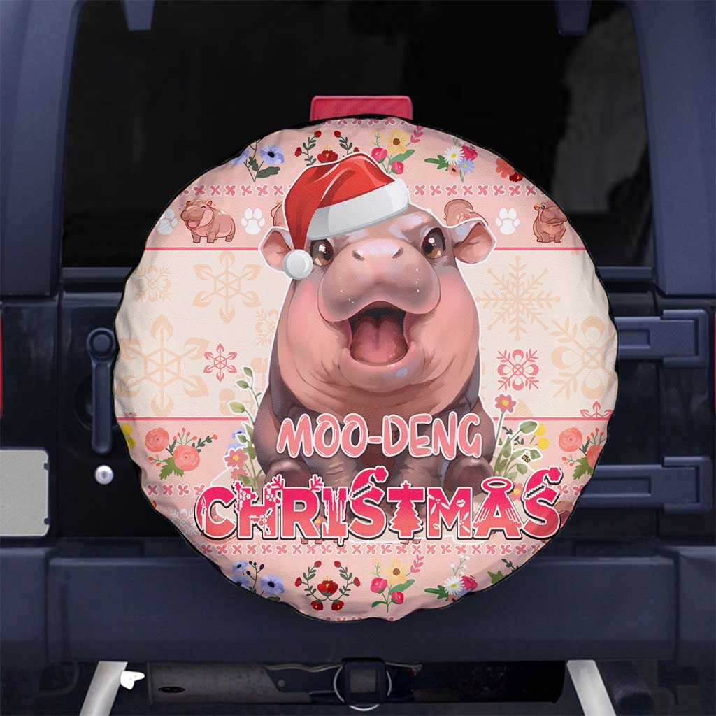 Moodeng Christmas Spare Tire Cover Cute Hippo Holiday with Pastel Floral Festive Vibes DT02