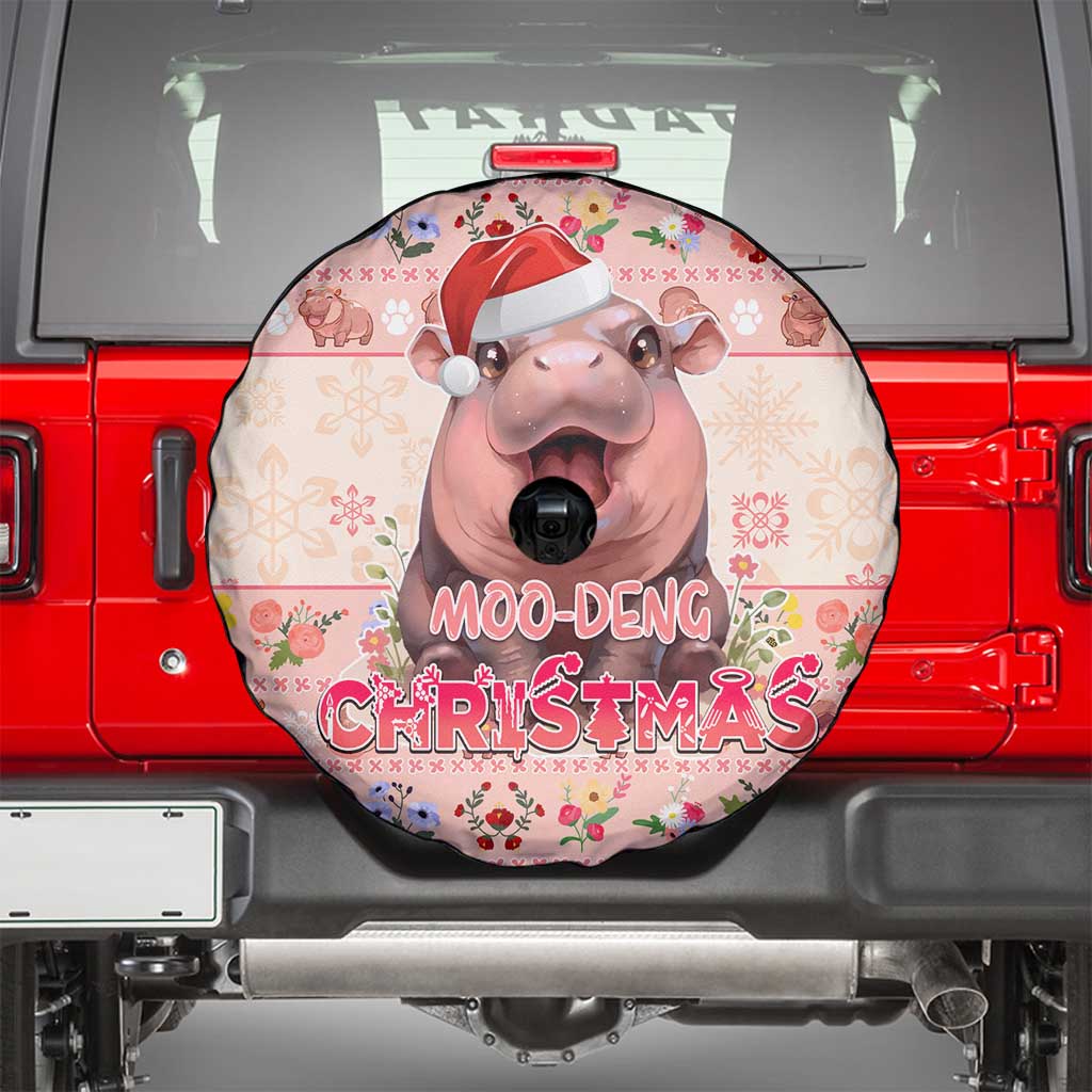 Moodeng Christmas Spare Tire Cover Cute Hippo Holiday with Pastel Floral Festive Vibes DT02