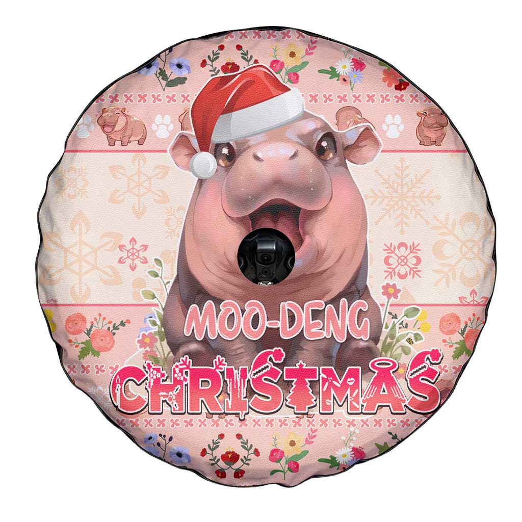 Moodeng Christmas Spare Tire Cover Cute Hippo Holiday with Pastel Floral Festive Vibes DT02