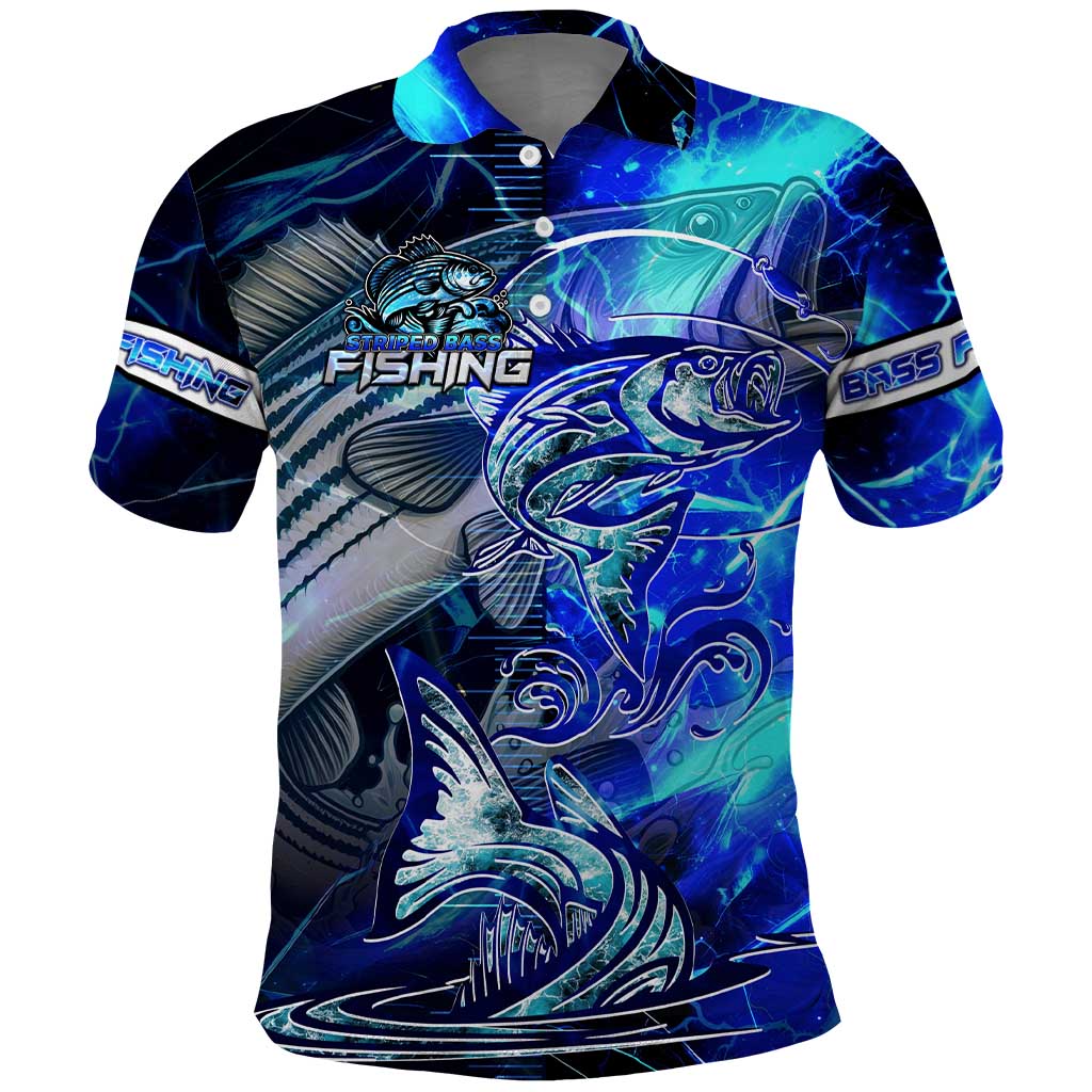 Blue Lightning Striped Bass Polo Shirt Power Surge Fishing Hook Electric Print DT02