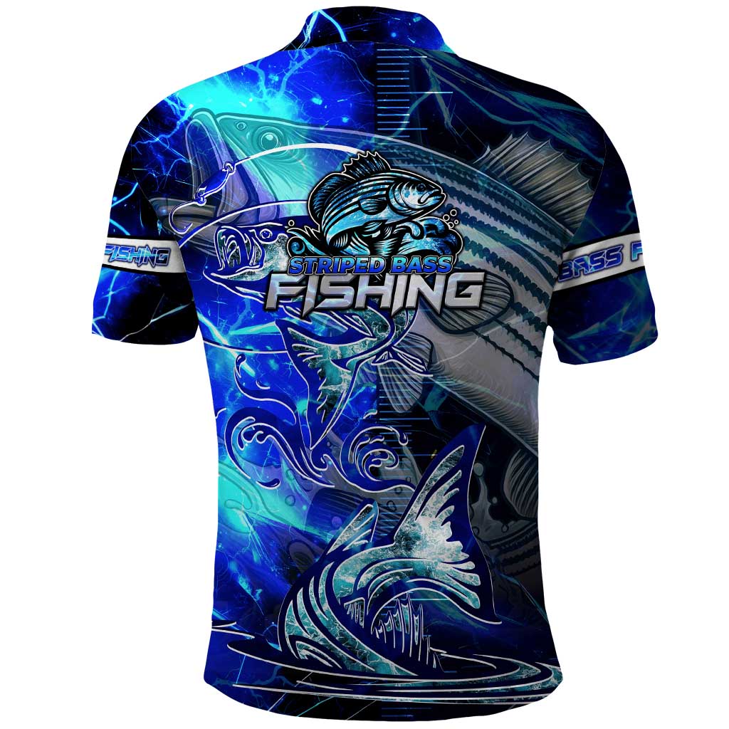 Blue Lightning Striped Bass Polo Shirt Power Surge Fishing Hook Electric Print DT02