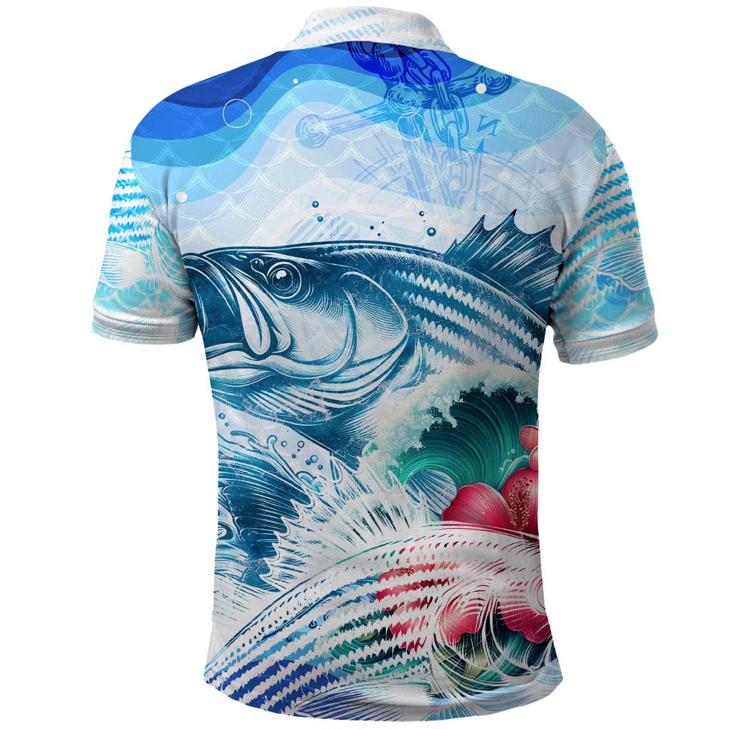 Striped Bass Whisperer Polo Shirt Tropical Wave Fishing Design DT02