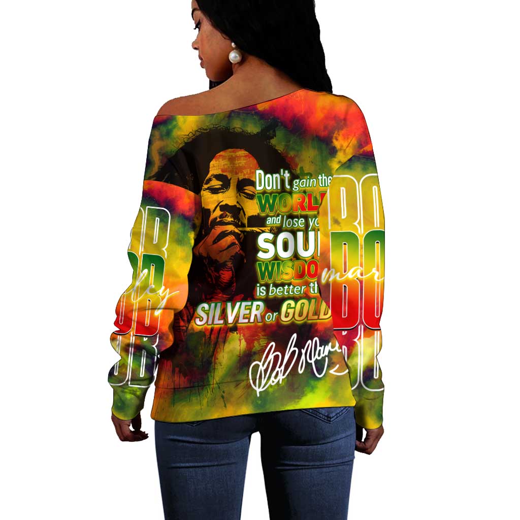 The Legend of Reggae One Love Off Shoulder Sweater Bob Colorful Art DT02