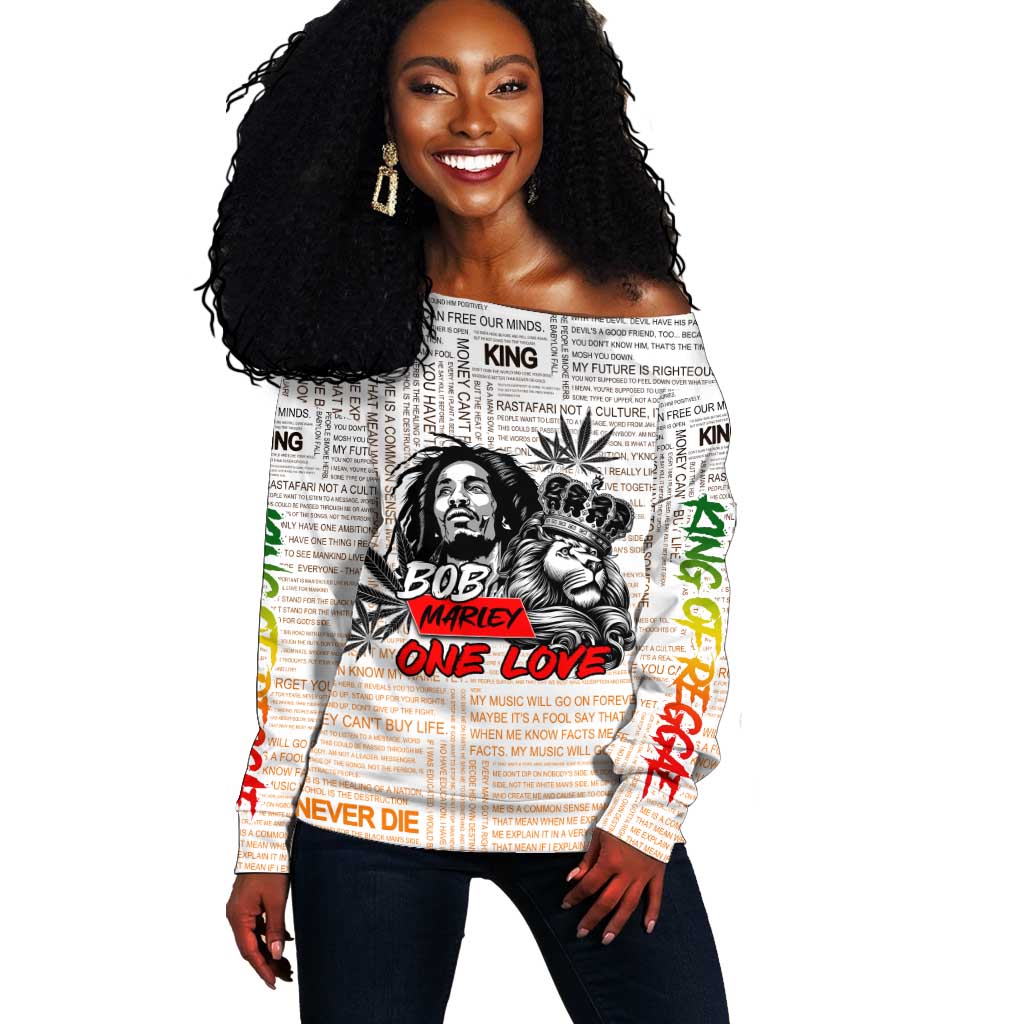 Afro King of Reggae Legend Bob Off Shoulder Sweater Rastafari Lion Cannabis Typography Style DT02
