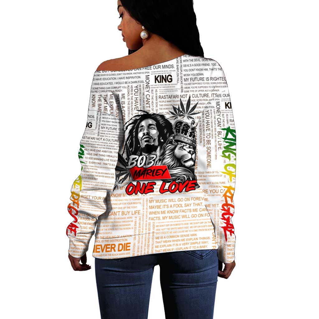 Afro King of Reggae Legend Bob Off Shoulder Sweater Rastafari Lion Cannabis Typography Style DT02