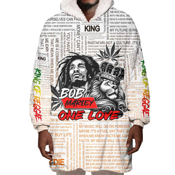 Afro King of Reggae Legend Bob Wearable Blanket Hoodie Rastafari Lion Cannabis Typography Style DT02