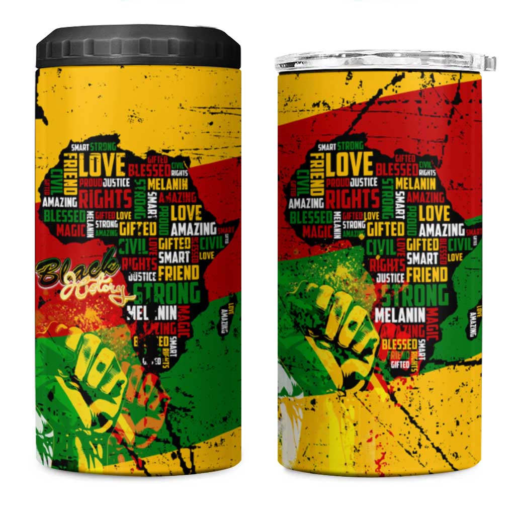 Black History Month Africa 4 in 1 Can Cooler Tumbler Strength Love and Justice Typography DT02