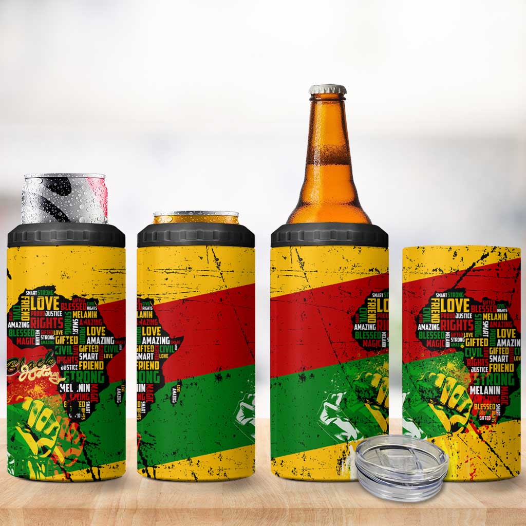 Black History Month Africa 4 in 1 Can Cooler Tumbler Strength Love and Justice Typography DT02
