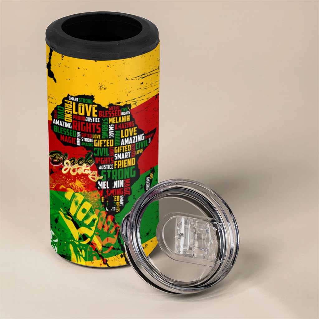 Black History Month Africa 4 in 1 Can Cooler Tumbler Strength Love and Justice Typography DT02