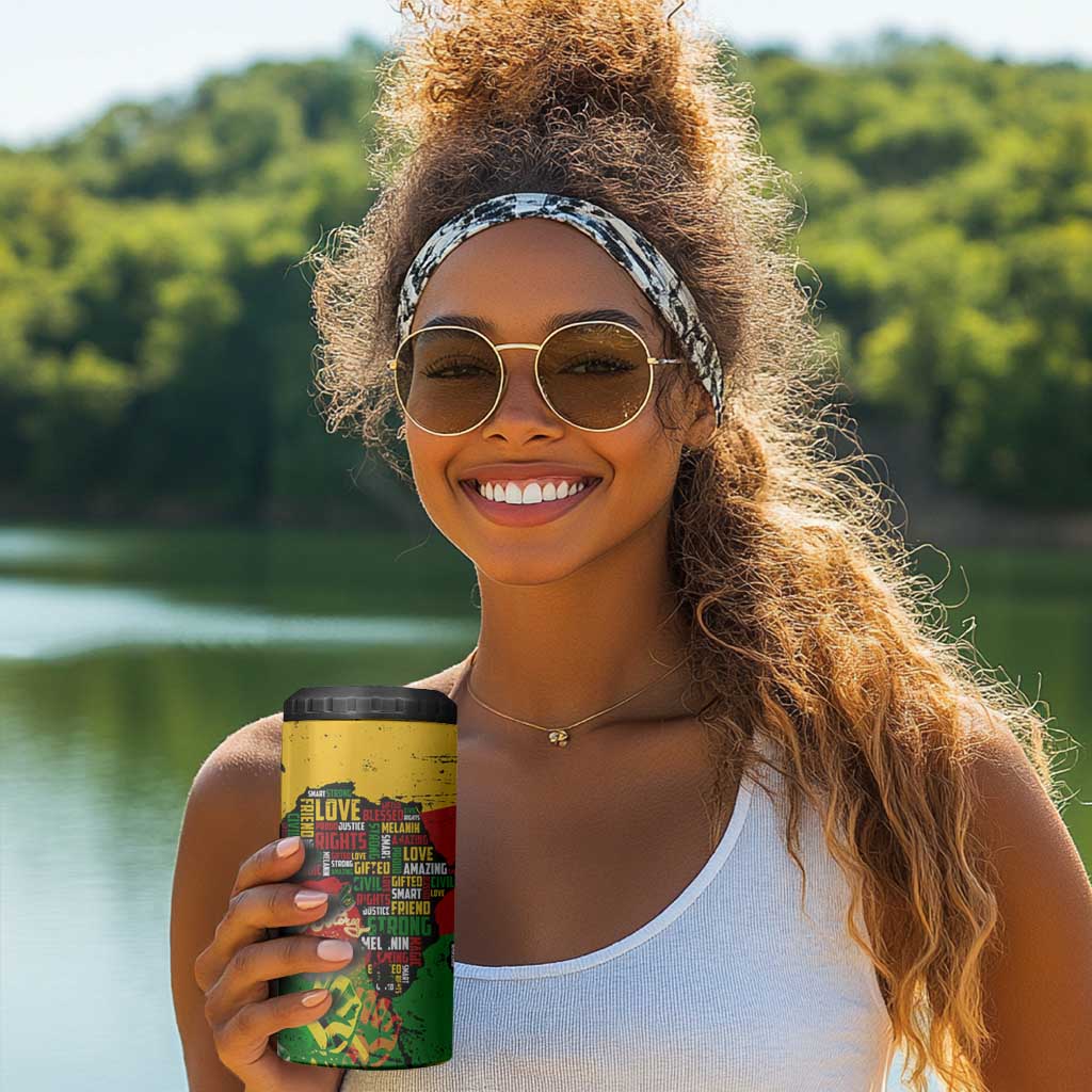 Black History Month Africa 4 in 1 Can Cooler Tumbler Strength Love and Justice Typography DT02
