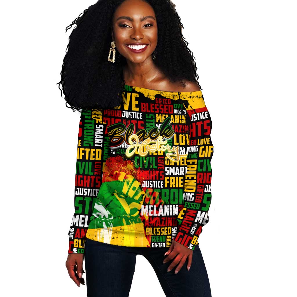 Black History Month Africa Off Shoulder Sweater Strength Love and Justice Typography DT02