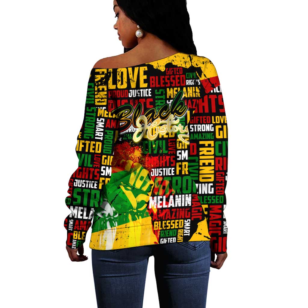 Black History Month Africa Off Shoulder Sweater Strength Love and Justice Typography DT02