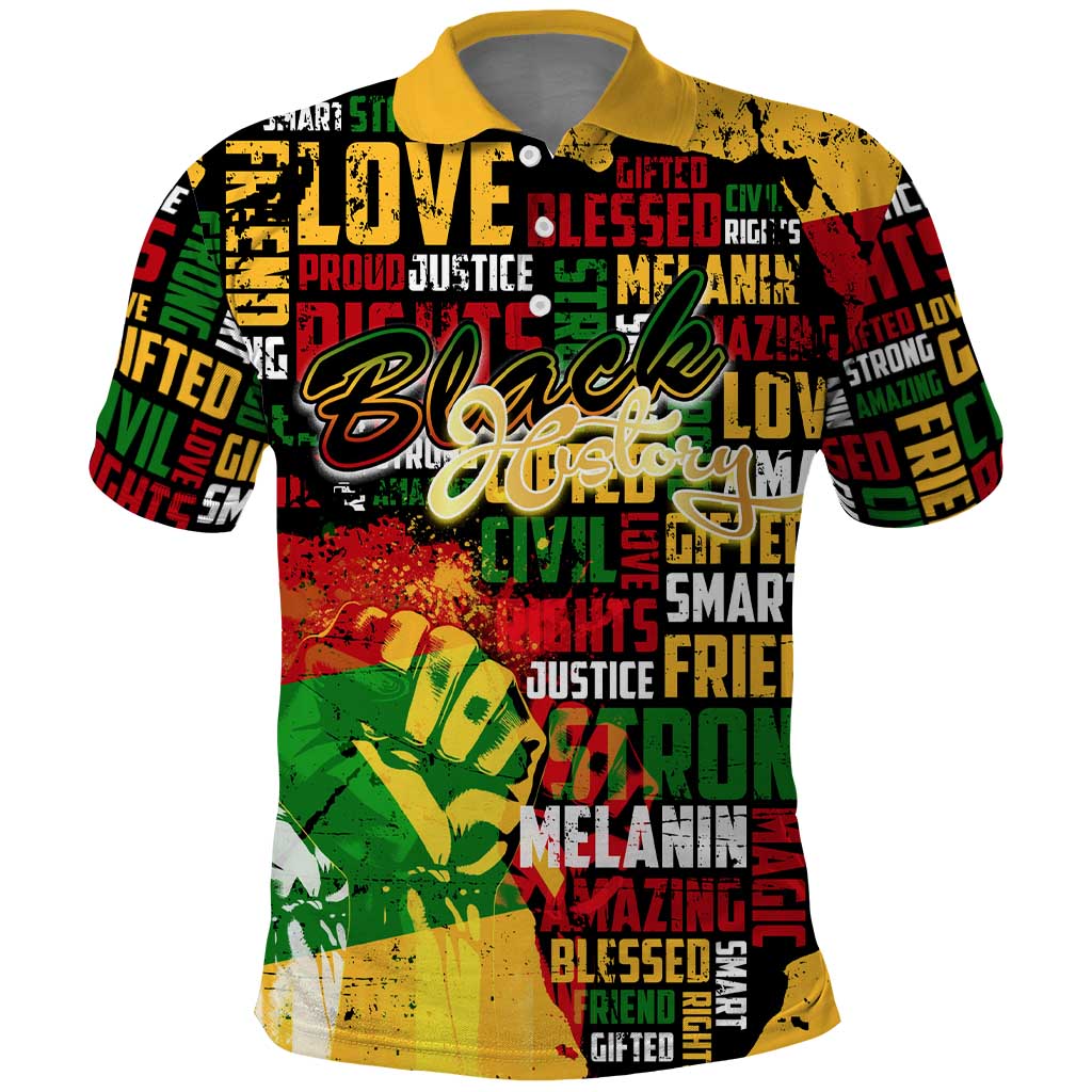 Black History Month Polo Shirt Strength Love and Justice Typography DT02