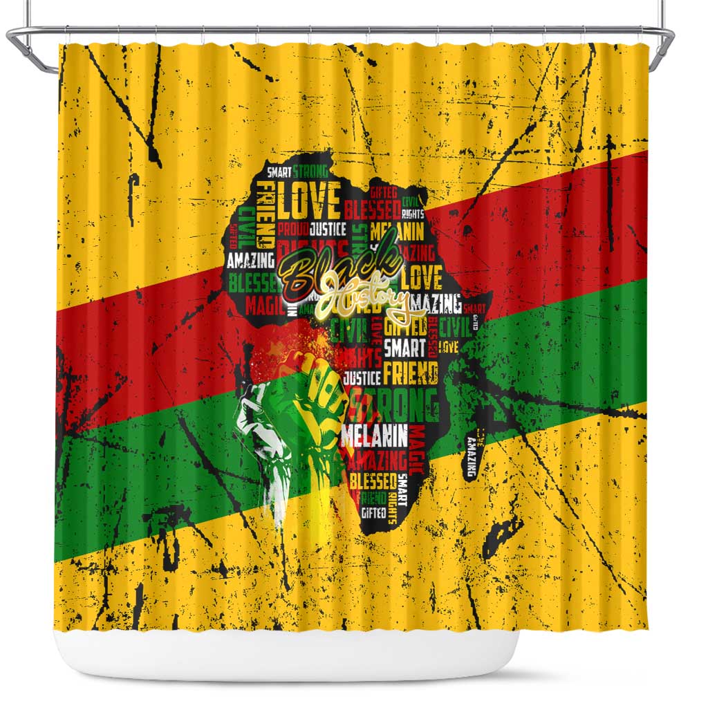 Black History Month Shower Curtain Strength Love and Justice Typography DT02