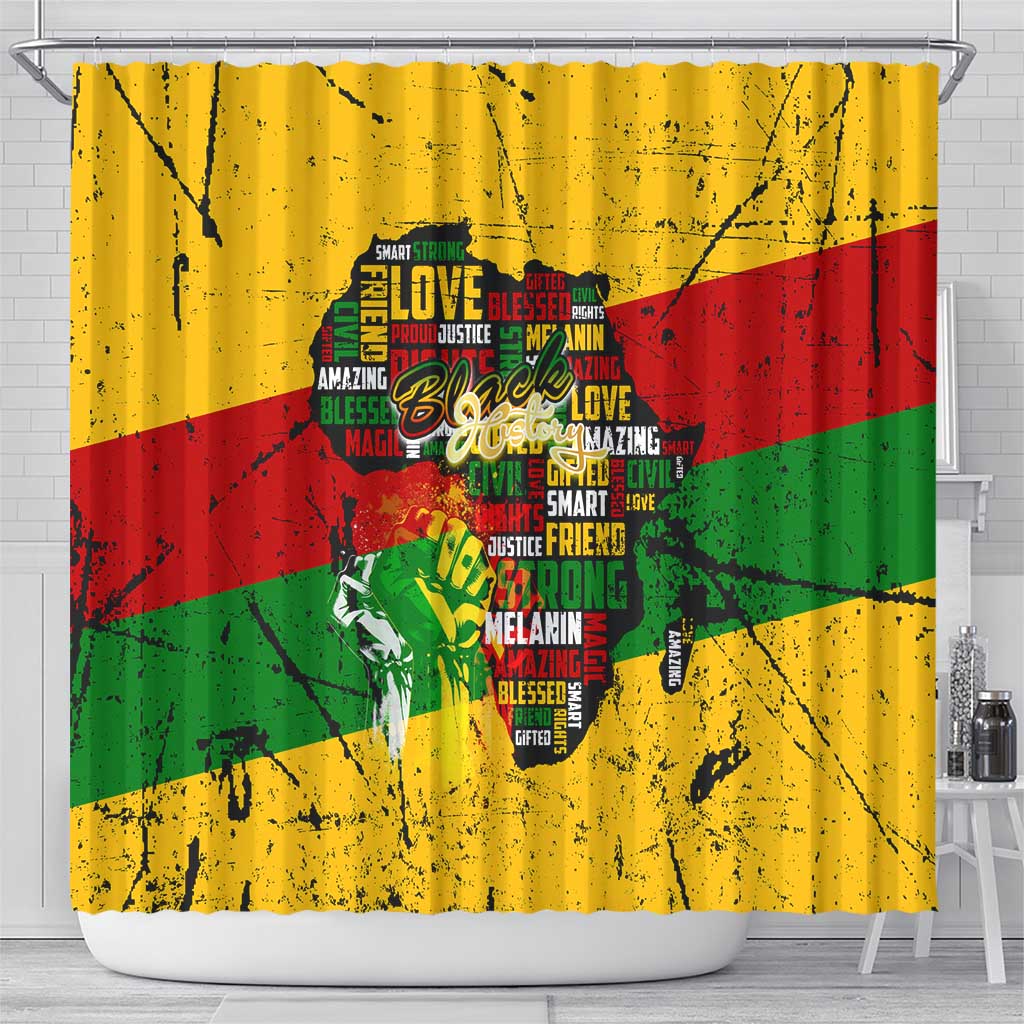 Black History Month Shower Curtain Strength Love and Justice Typography DT02
