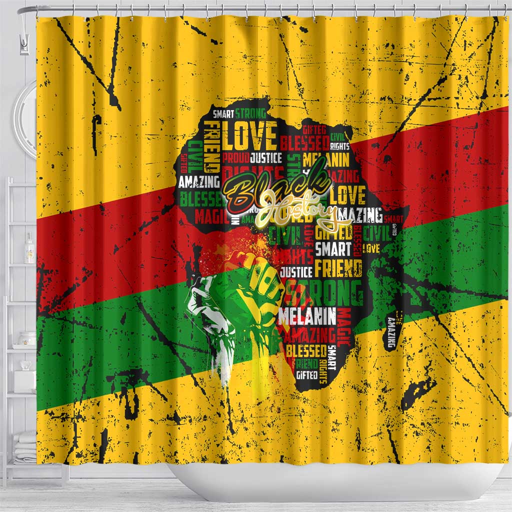 Black History Month Shower Curtain Strength Love and Justice Typography DT02