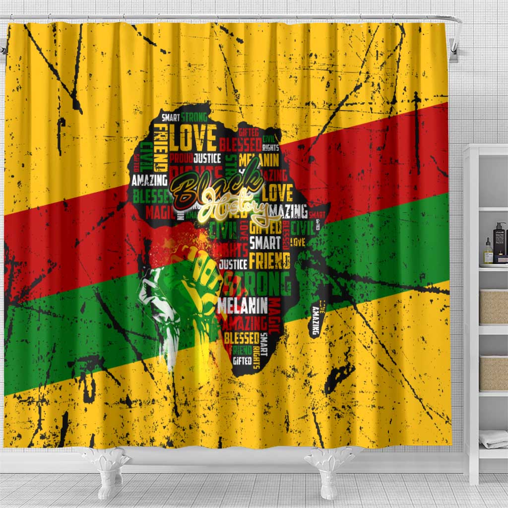 Black History Month Shower Curtain Strength Love and Justice Typography DT02