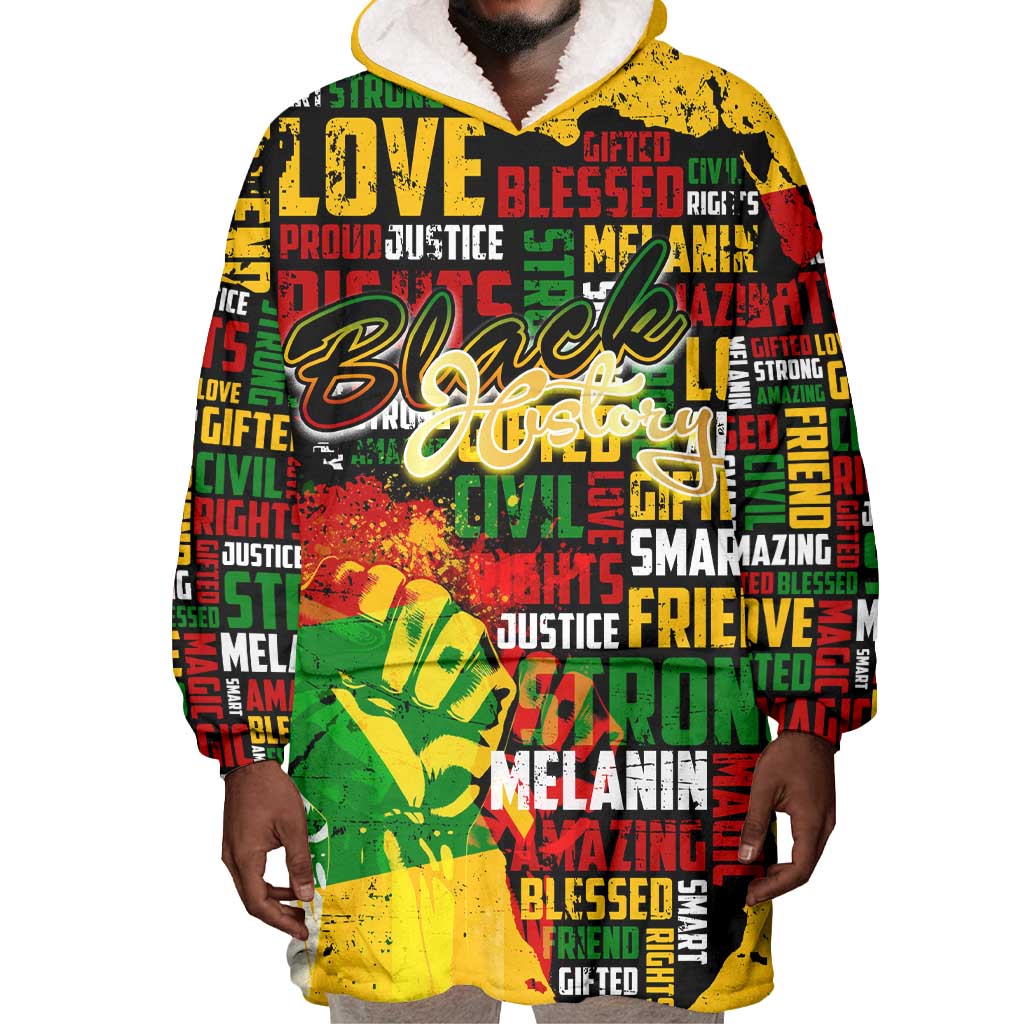 Black History Month Africa Wearable Blanket Hoodie Strength Love and Justice Typography DT02