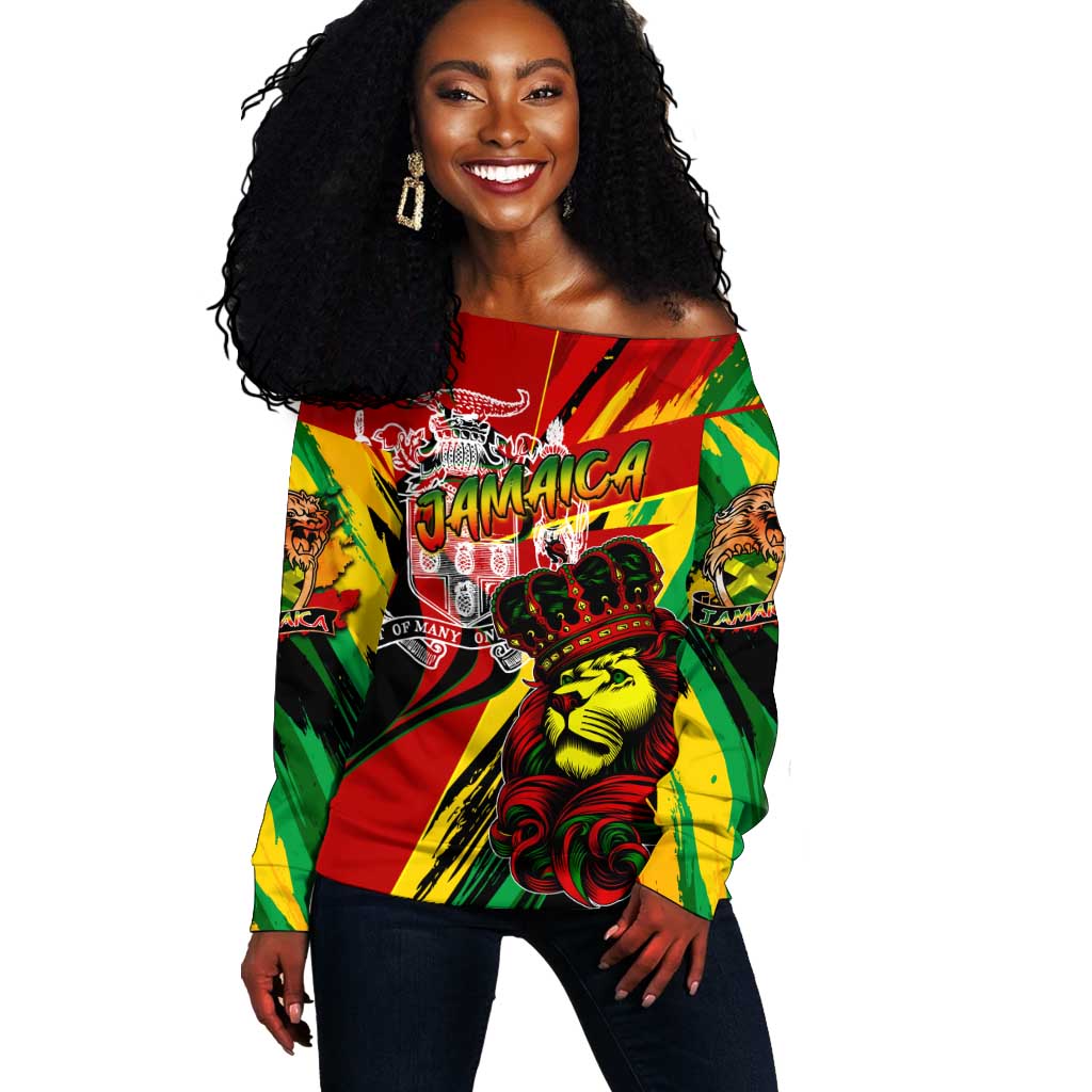 Afro Jamaica Lion Off Shoulder Sweater Coat Of Arms Rastafarianism DT02