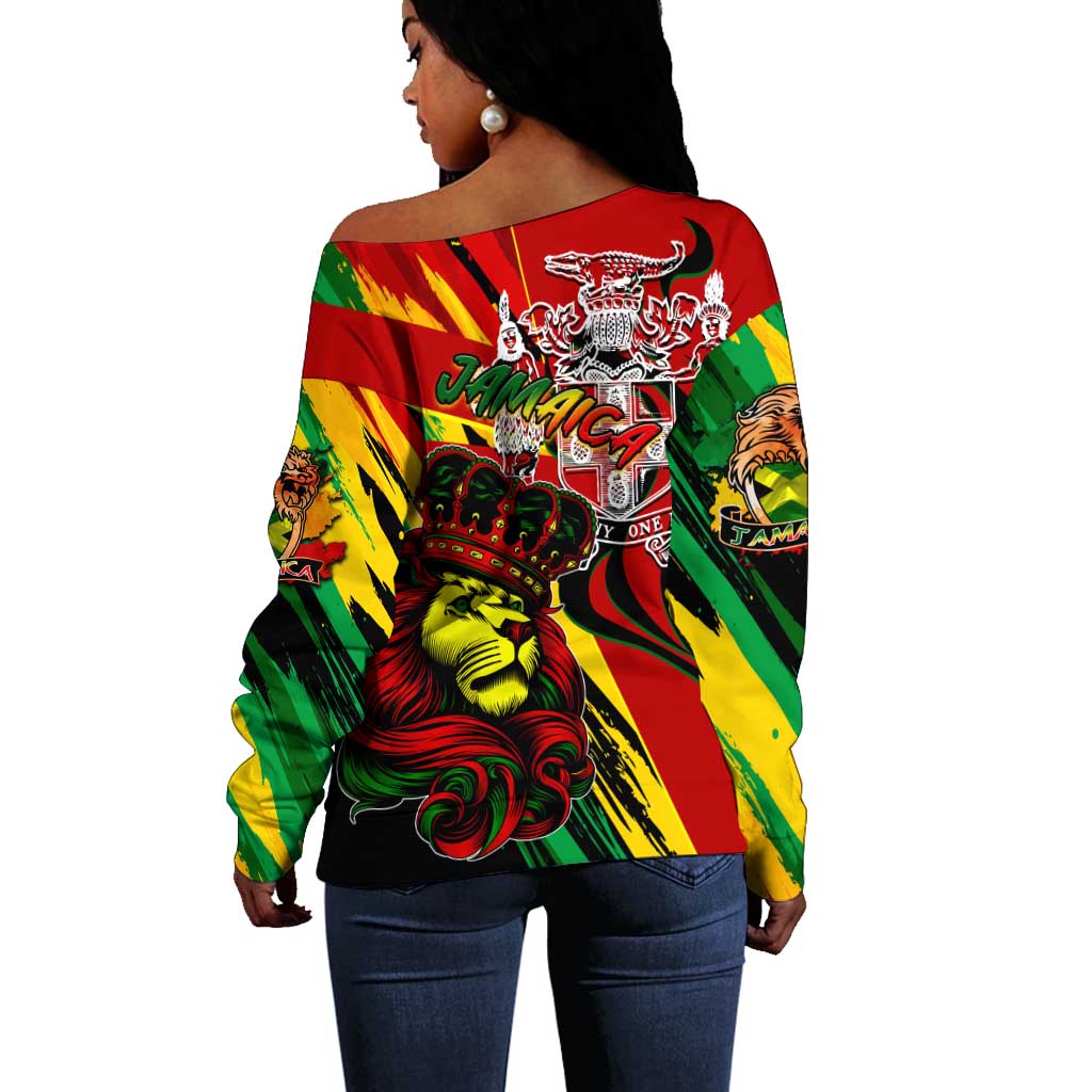 Afro Jamaica Lion Off Shoulder Sweater Coat Of Arms Rastafarianism DT02