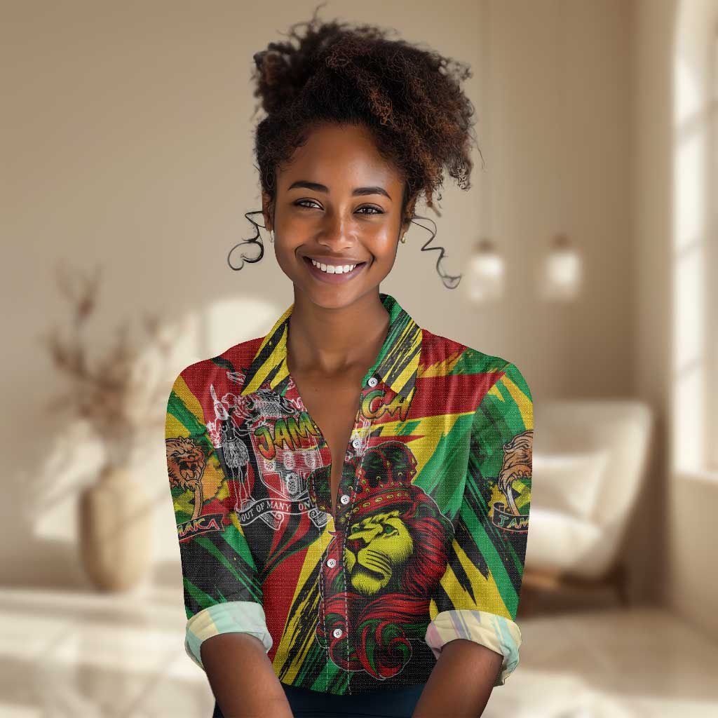 Afro Jamaica Lion Women Casual Shirt Coat Of Arms Rastafarianism DT02