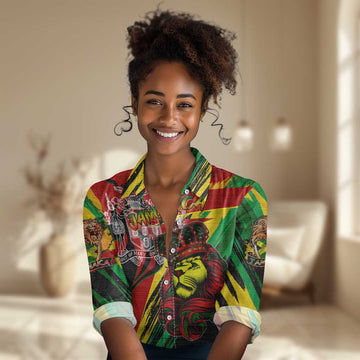 Afro Jamaica Lion Women Casual Shirt Coat Of Arms Rastafarianism DT02