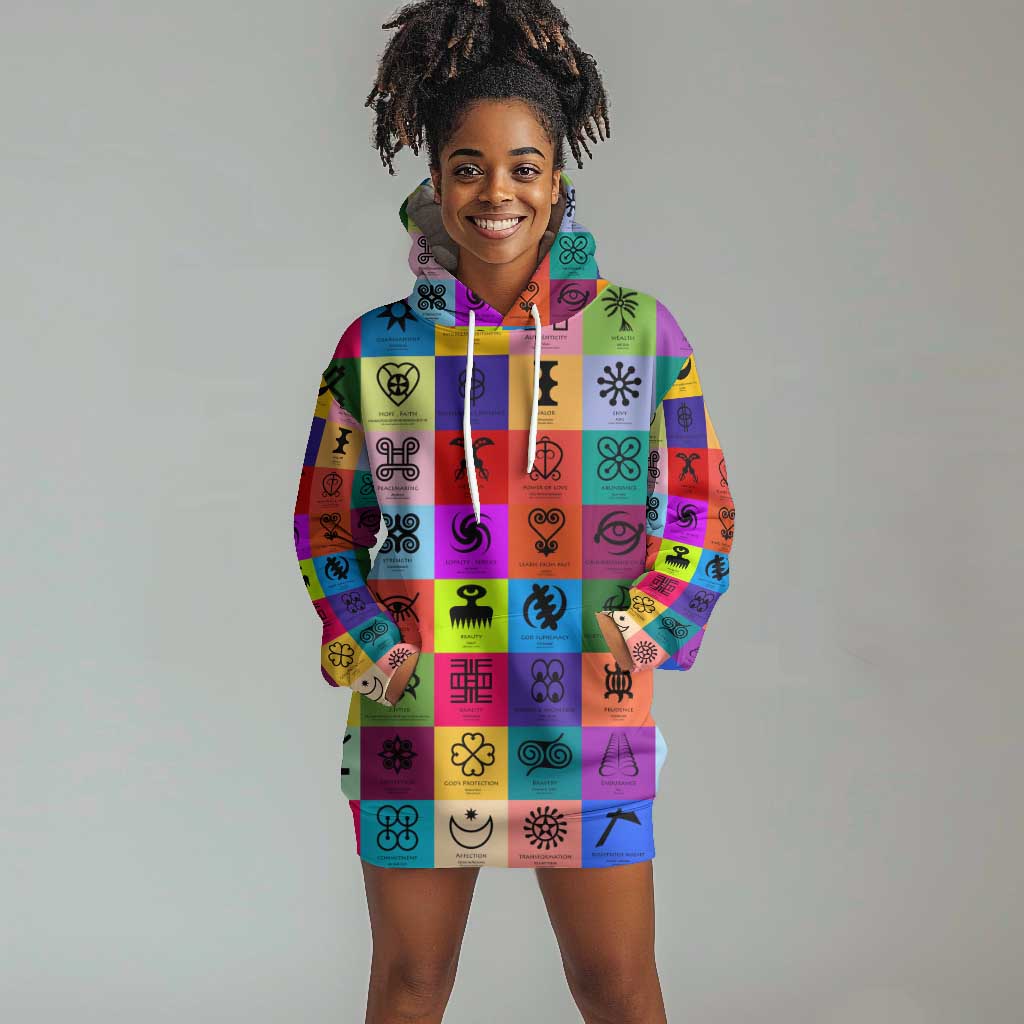 Multi Color Adinkra Symbols Hoodie Dress African Adrinkra DT02