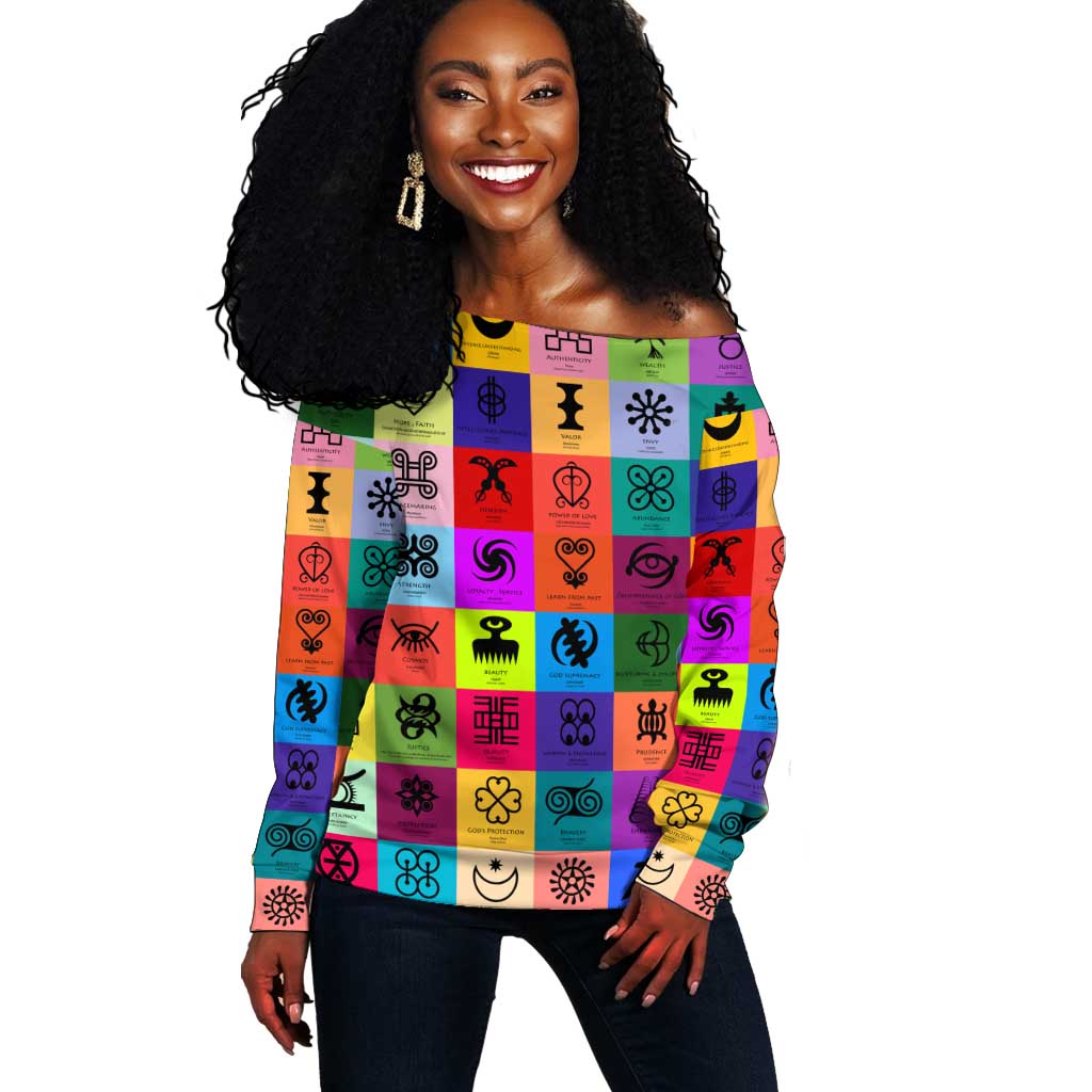 Multi Color Adinkra Symbols Off Shoulder Sweater African Adrinkra DT02