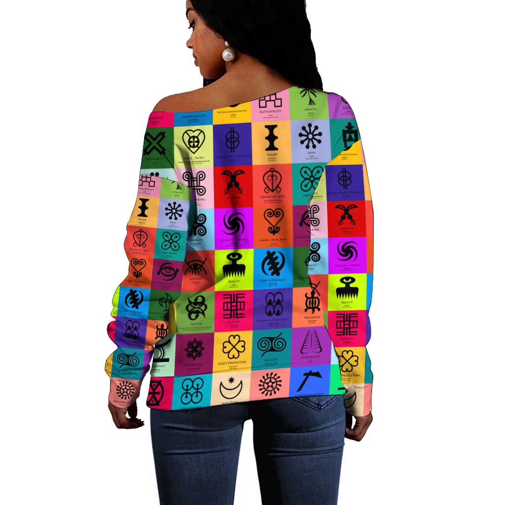 Multi Color Adinkra Symbols Off Shoulder Sweater African Adrinkra DT02