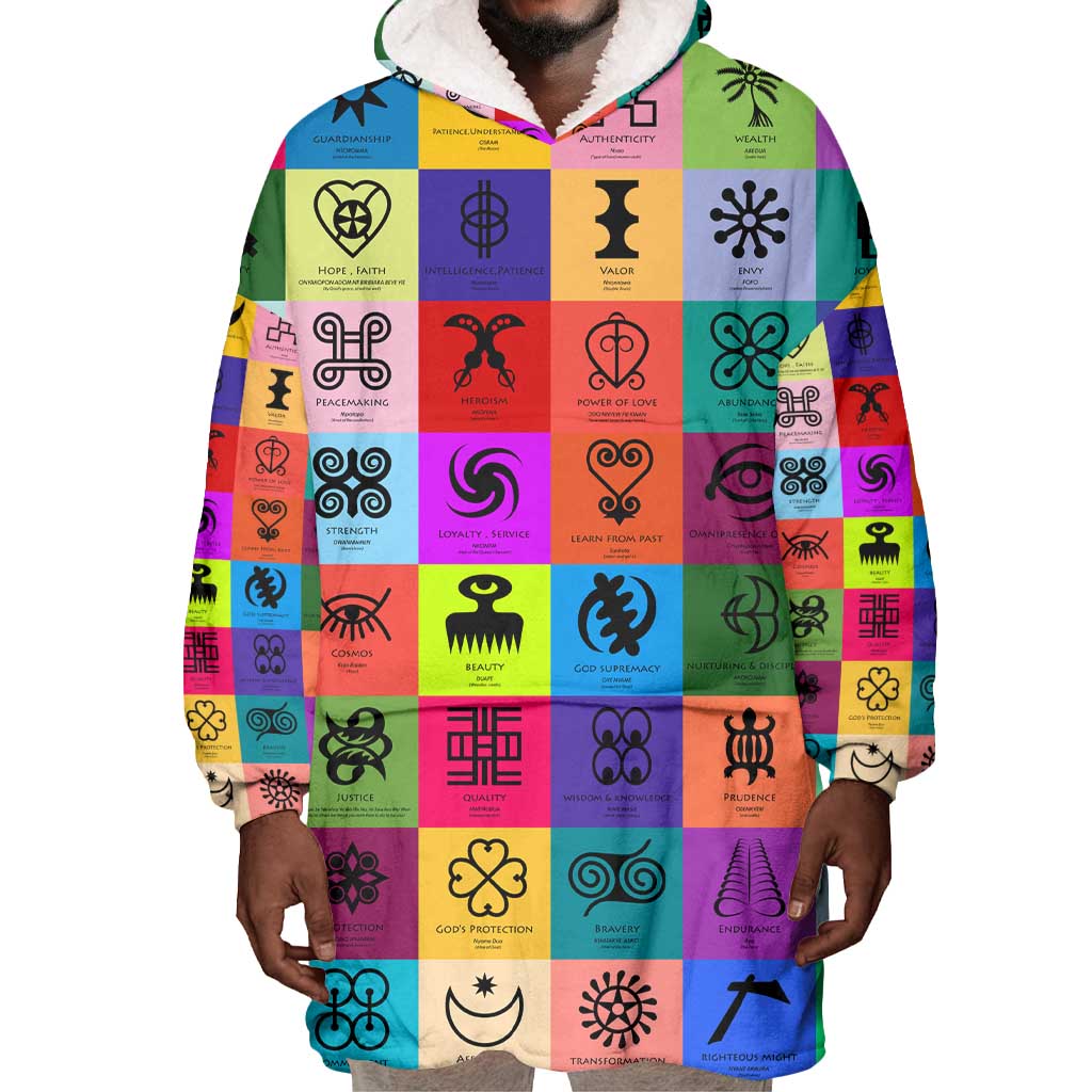 Multi Color Adinkra Symbols Wearable Blanket Hoodie African Adrinkra DT02