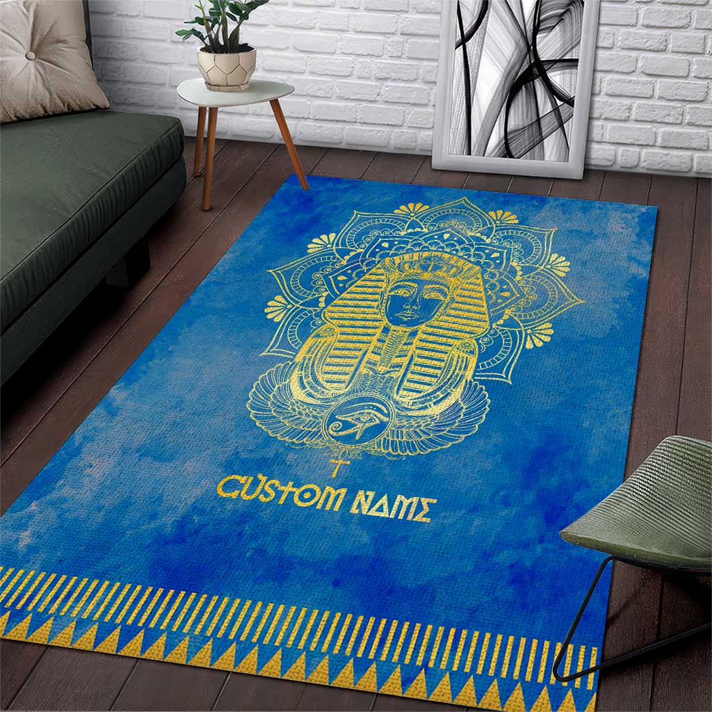 Personalized Egyptian Pharaoh Area Rug with Mandala and Eye of Horus in Blue DT02