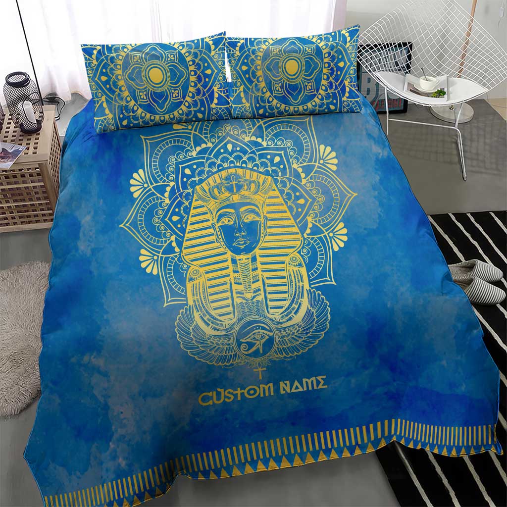 Personalized Egyptian Pharaoh Bedding Set with Mandala and Eye of Horus in Blue DT02