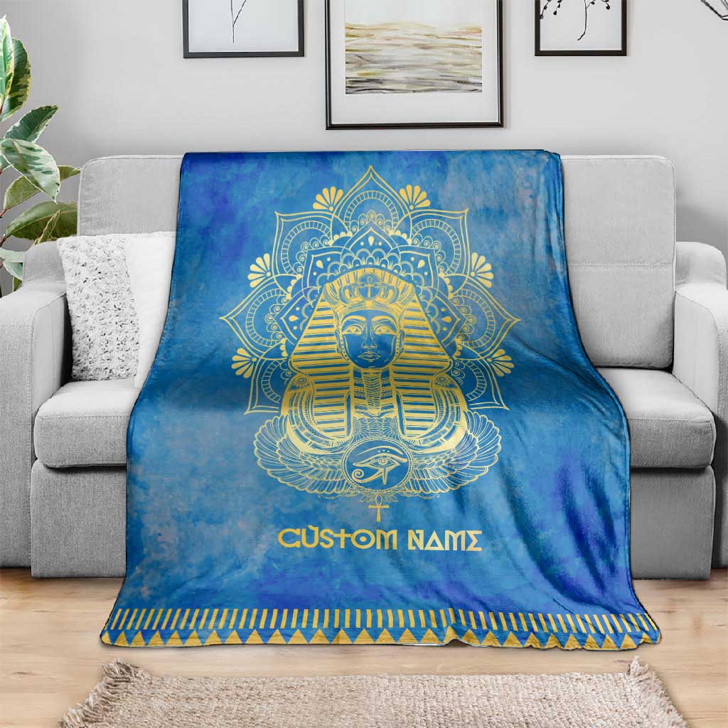 Personalized Egyptian Pharaoh Blanket with Mandala and Eye of Horus in Blue DT02