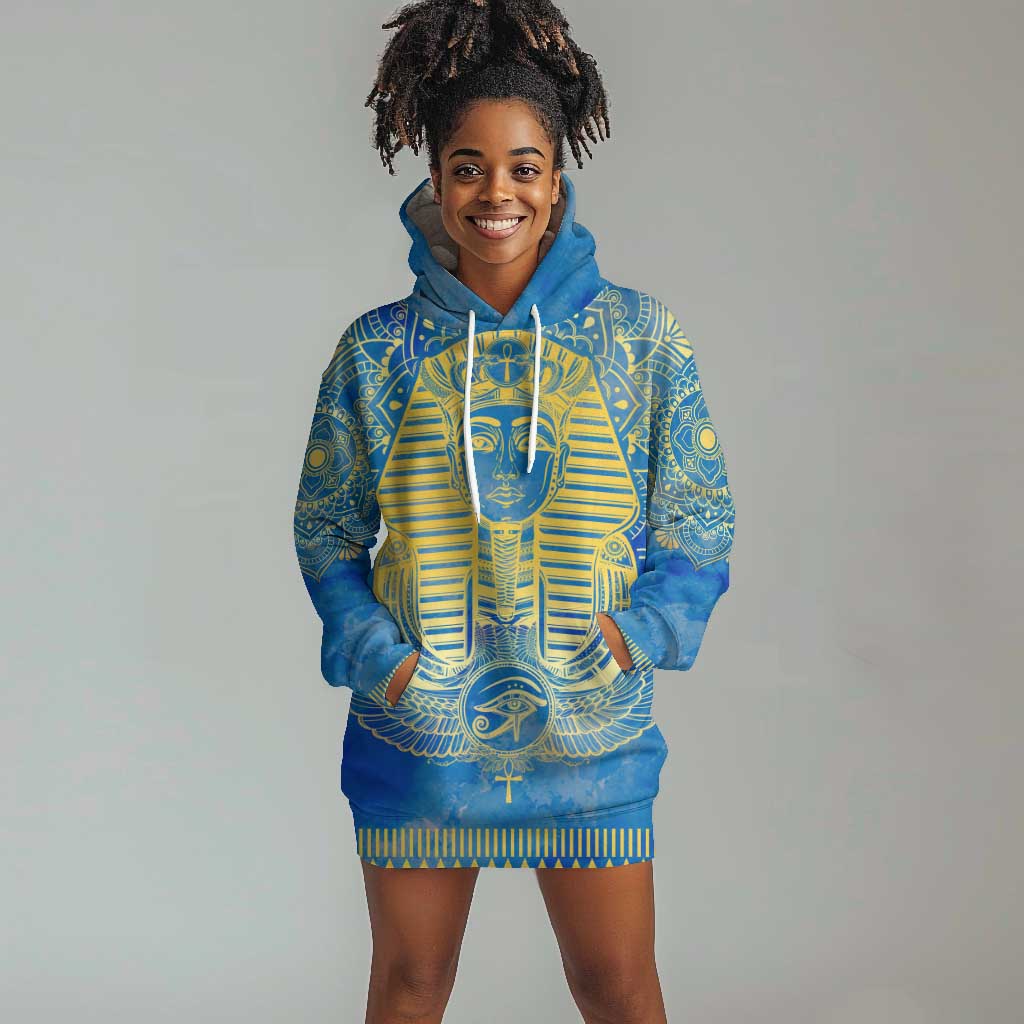 Personalized Egyptian Pharaoh Hoodie Dress with Mandala and Eye of Horus in Blue DT02