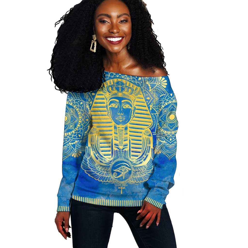 Personalized Egyptian Pharaoh Off Shoulder Sweater with Mandala and Eye of Horus in Blue DT02