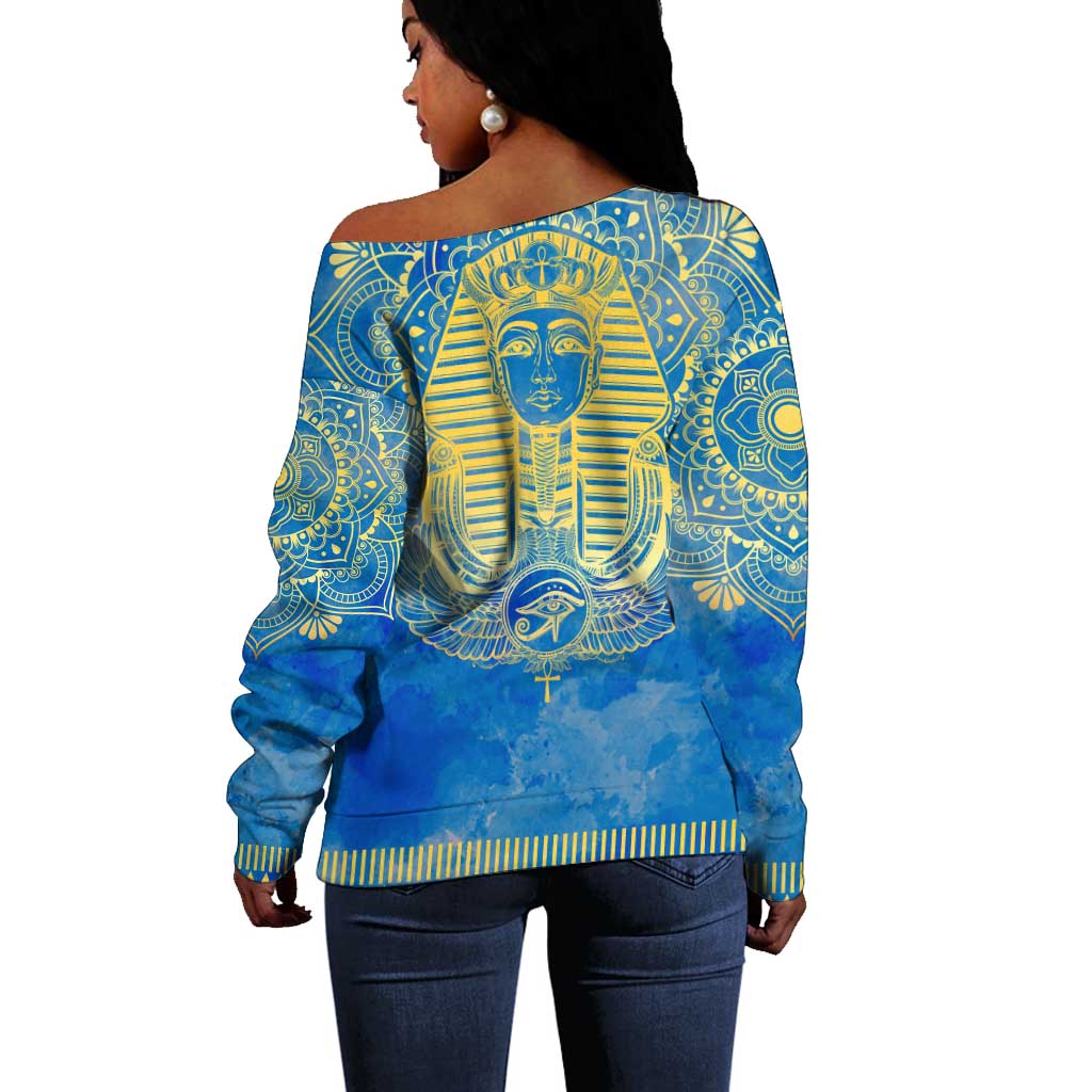 Personalized Egyptian Pharaoh Off Shoulder Sweater with Mandala and Eye of Horus in Blue DT02