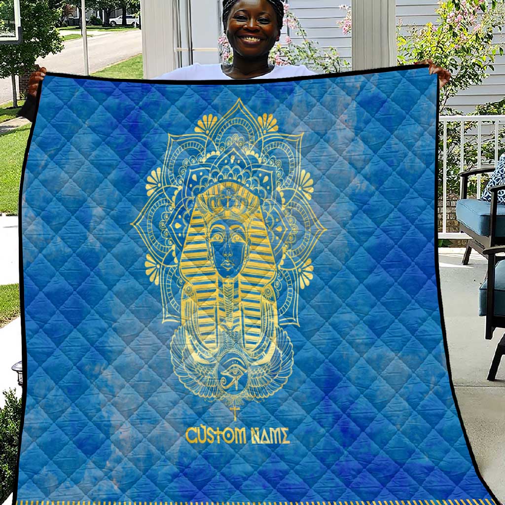 Personalized Egyptian Pharaoh Quilt with Mandala and Eye of Horus in Blue DT02