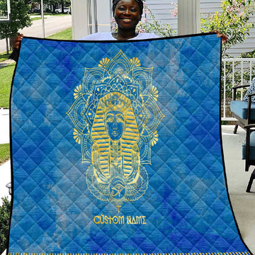 Personalized Egyptian Pharaoh Quilt with Mandala and Eye of Horus in Blue DT02