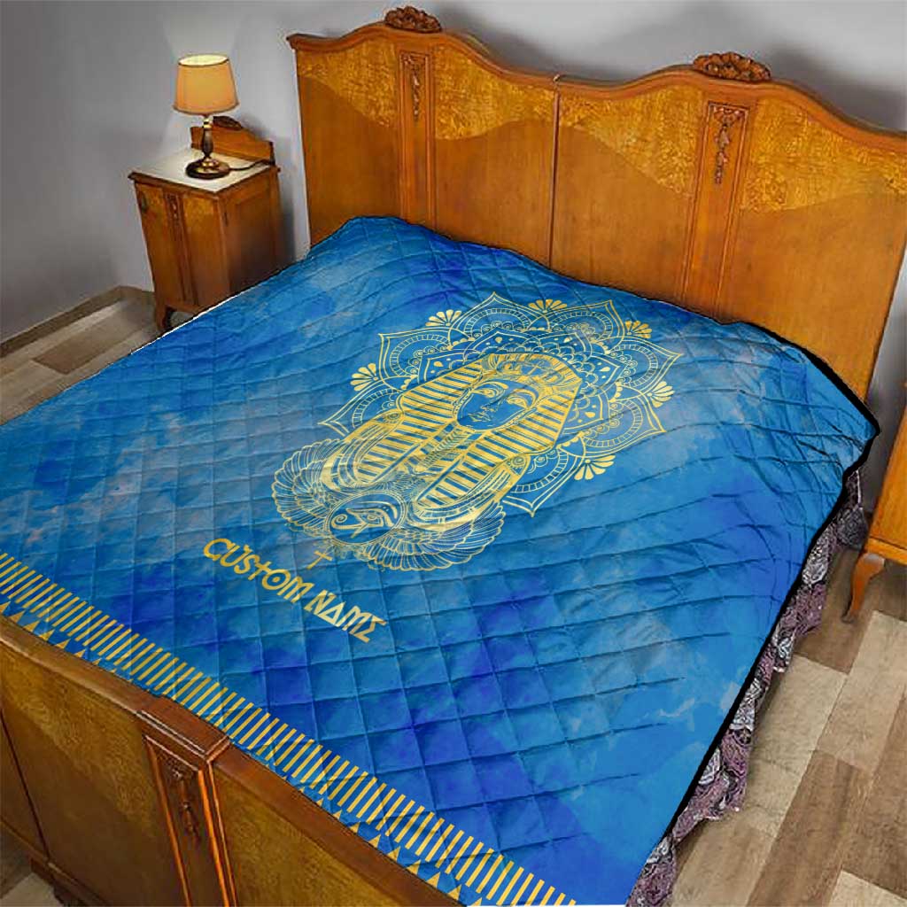 Personalized Egyptian Pharaoh Quilt with Mandala and Eye of Horus in Blue DT02