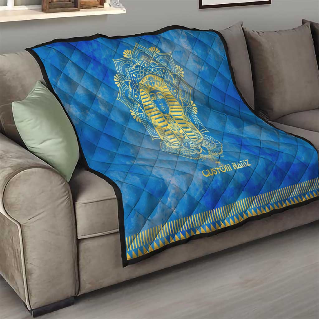 Personalized Egyptian Pharaoh Quilt with Mandala and Eye of Horus in Blue DT02
