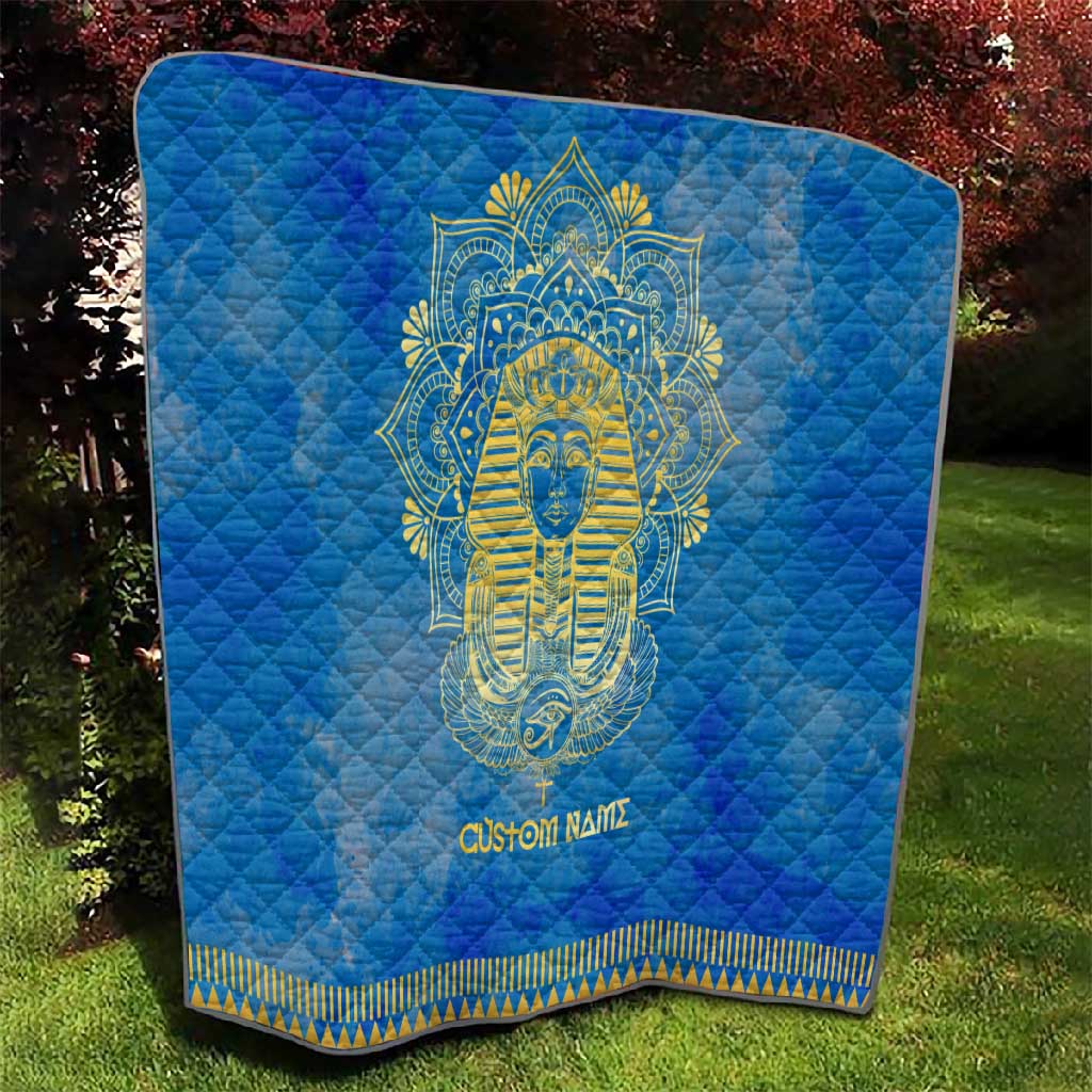 Personalized Egyptian Pharaoh Quilt with Mandala and Eye of Horus in Blue DT02