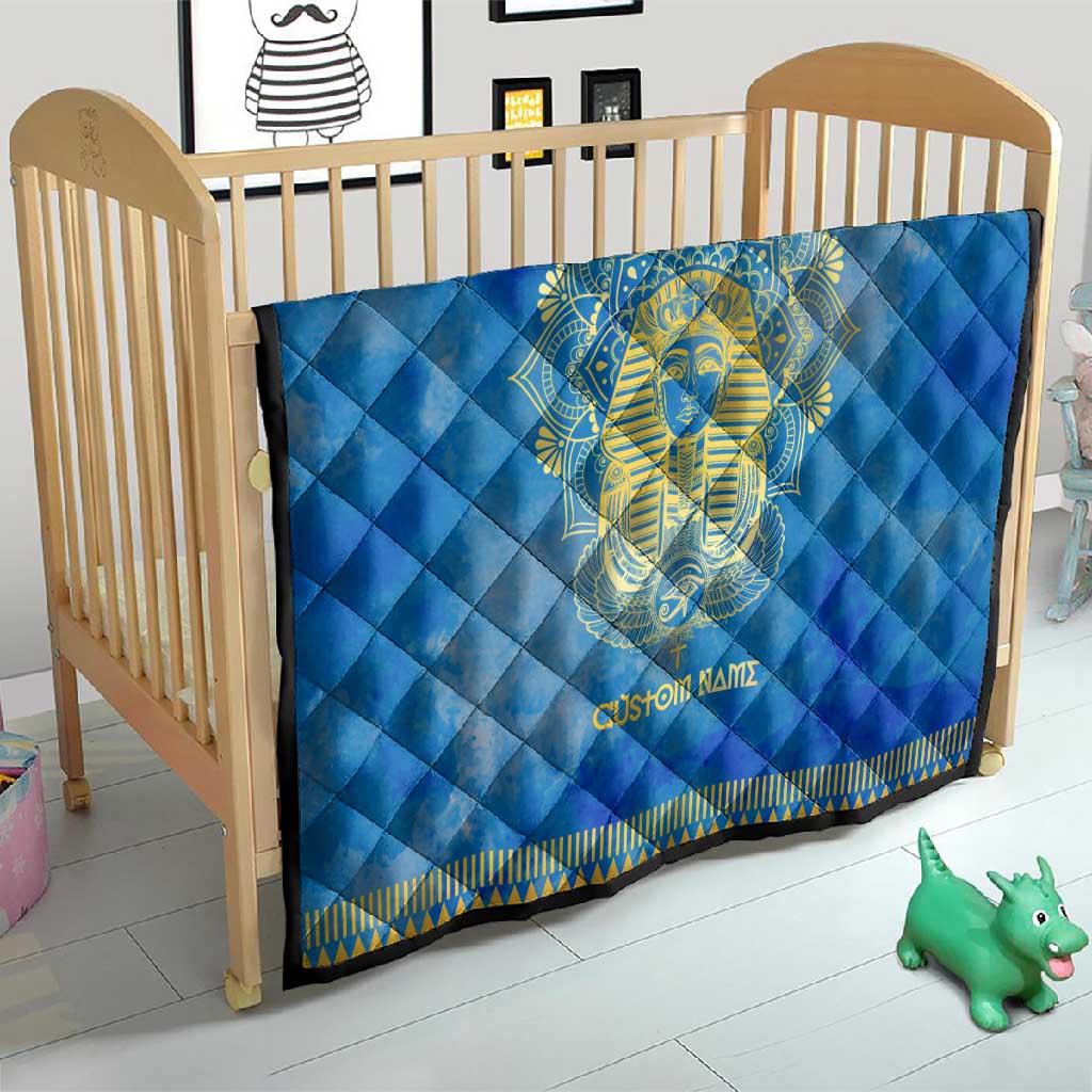 Personalized Egyptian Pharaoh Quilt with Mandala and Eye of Horus in Blue DT02