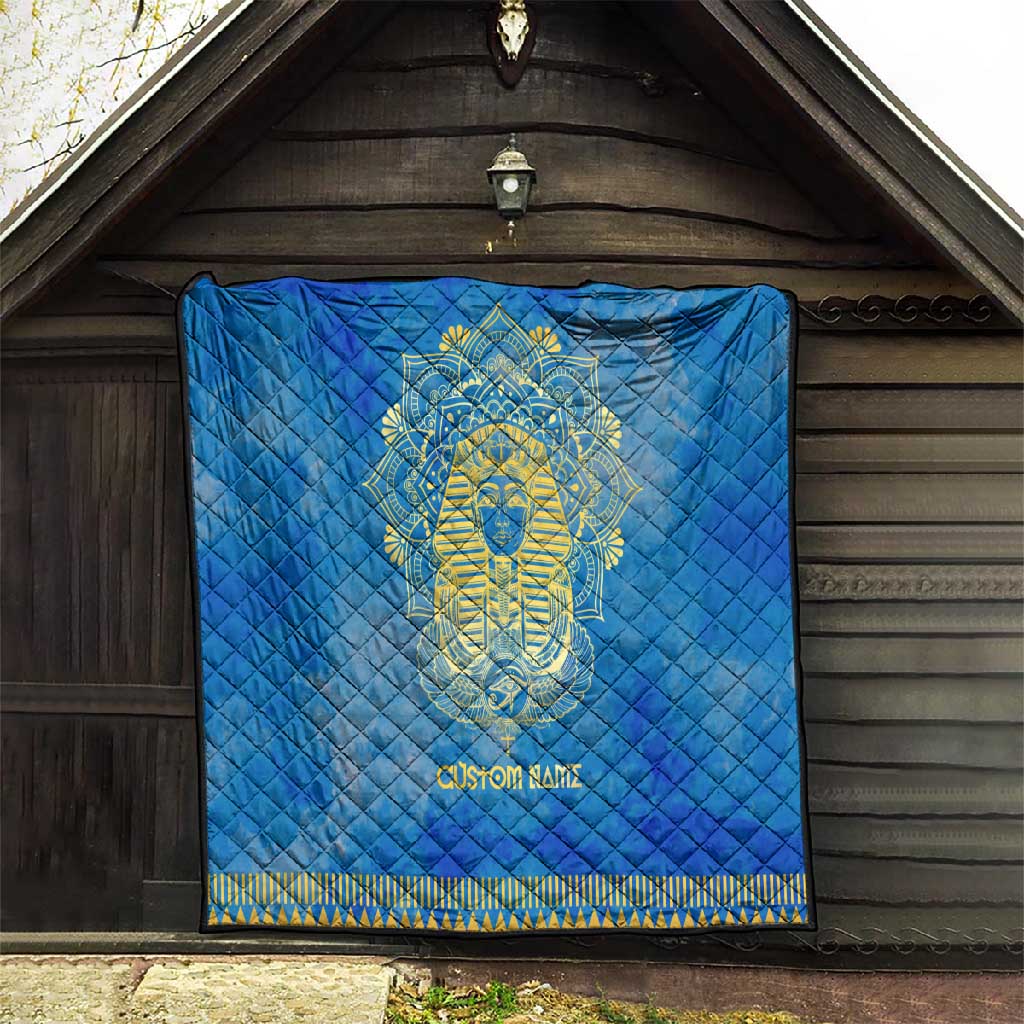 Personalized Egyptian Pharaoh Quilt with Mandala and Eye of Horus in Blue DT02