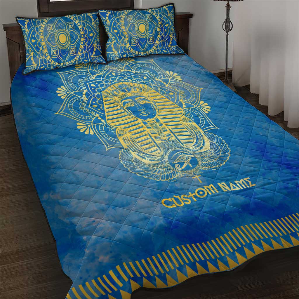 Personalized Egyptian Pharaoh Quilt Bed Set with Mandala and Eye of Horus in Blue DT02