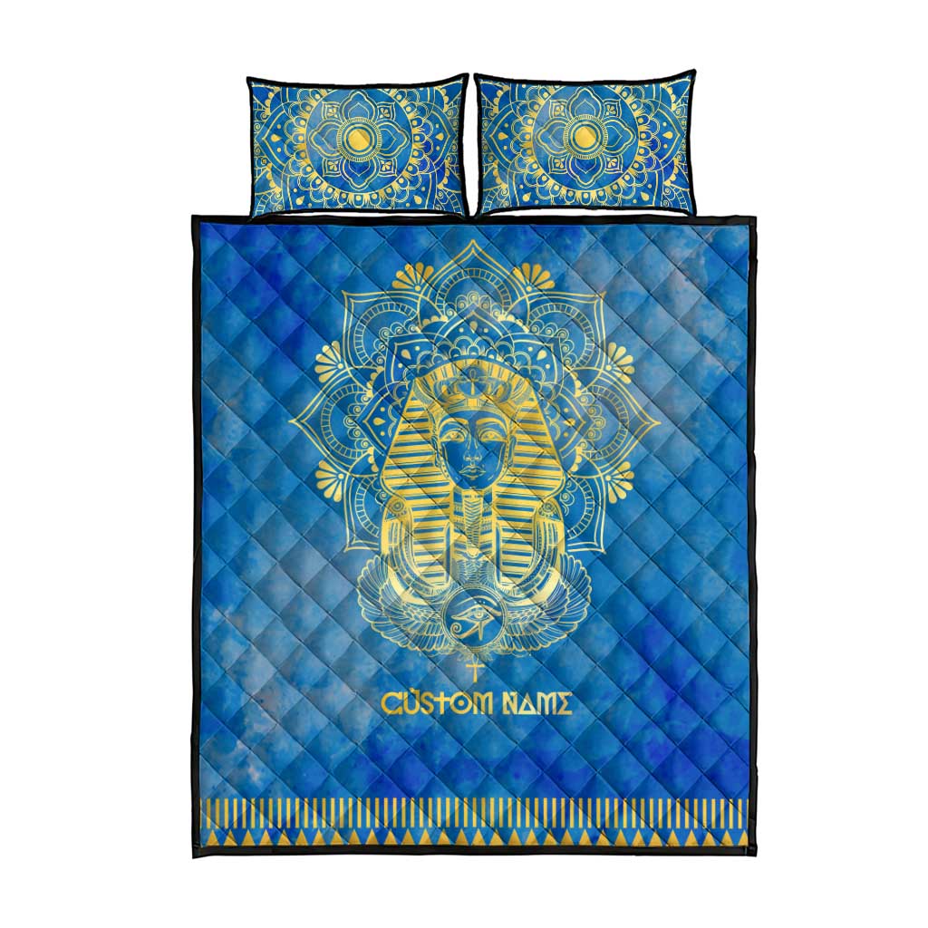 Personalized Egyptian Pharaoh Quilt Bed Set with Mandala and Eye of Horus in Blue DT02