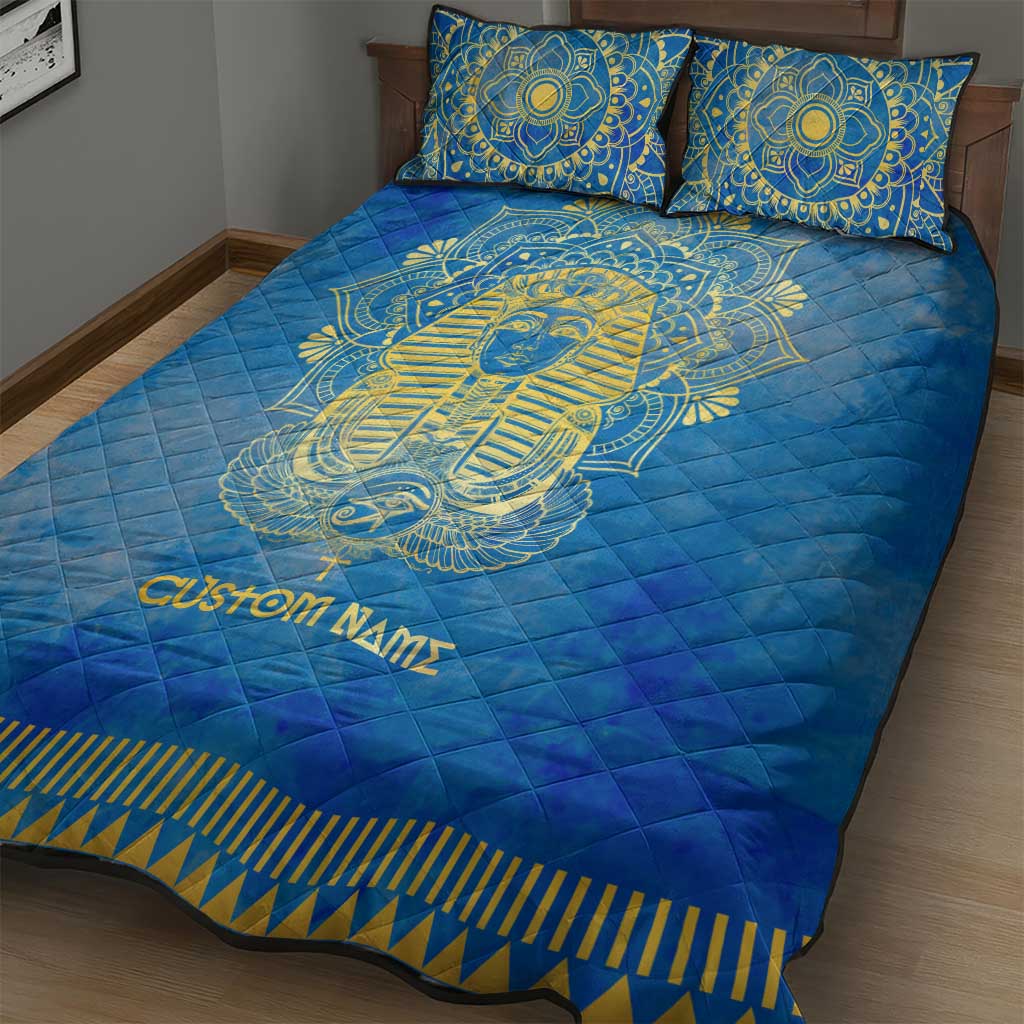 Personalized Egyptian Pharaoh Quilt Bed Set with Mandala and Eye of Horus in Blue DT02
